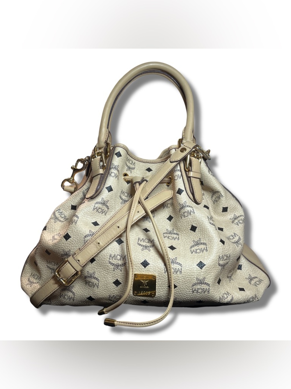 MCM Vintage Cream Visetos Monogram Drawstring Tote Bag Bucket Shoulder Bag